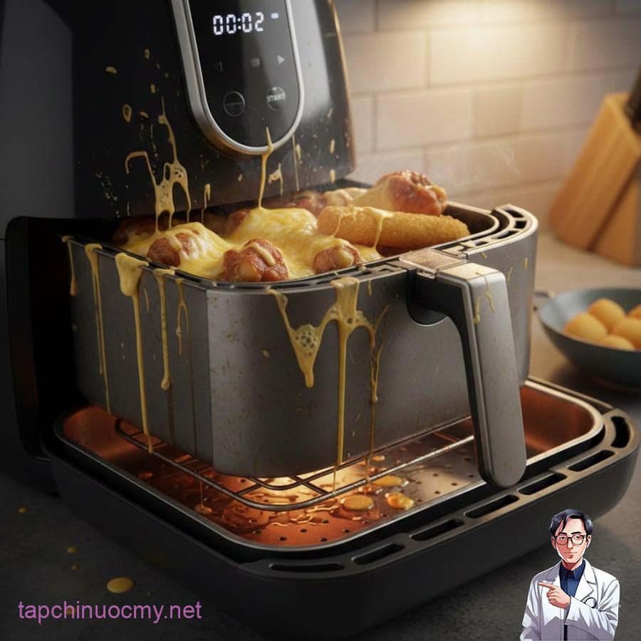 Phô mai và mỡ thừa dễ gây ám khói, bám dính và làm giảm tuổi thọ nồi chiên.