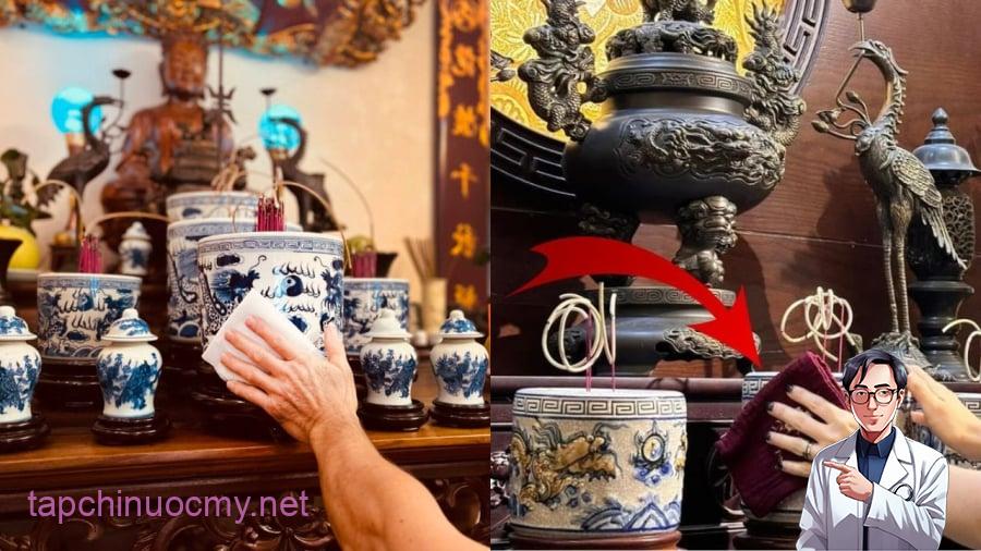 Khi bao sái bàn thờ, rút chân hương, gia chủ cần chú ý tuyệt đối không được làm xê dịch bát hương.