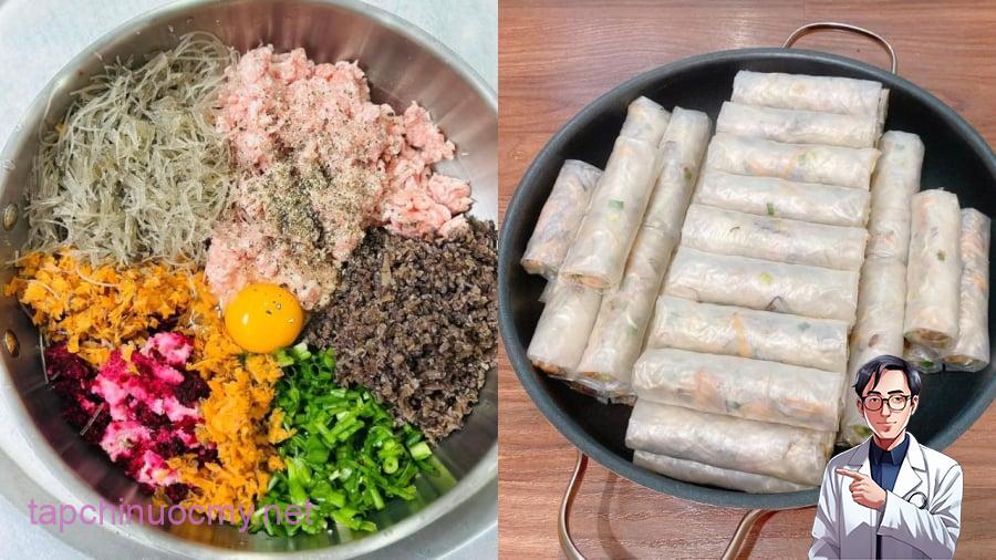 Khi gói nem, bạn cần chú ý chuẩn bị phần nhân để nem không bị chảy nước, dễ bị bục khi rán.