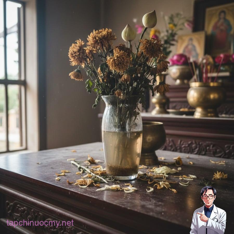 Hoa tái úa, nước đục là dấu hiệu cần thay thế ngay để tránh ảnh hưởng thẩm mỹ và không gian thờ cúng.