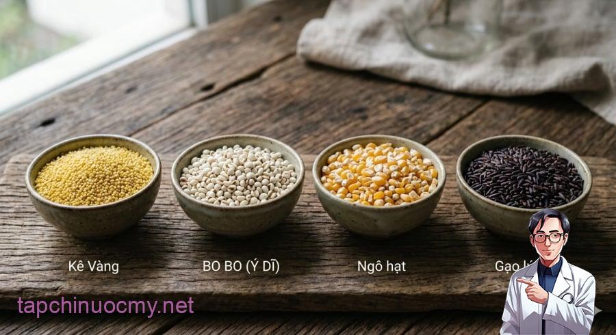Kê, ý dĩ, ngô và gạo lứt đen – những loại “gạo trường thọ” quen thuộc, dễ tìm ở chợ Việt.