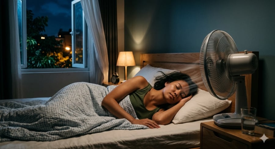 Nhiều người có thói quen bật quạt thông suốt ban đêm để làm mát nhưng làm việc để gió thổi trực tiếp vào cơ sở trong nhiều giờ có thể gây khô, đau đầu và cổ khi thức dậy.
