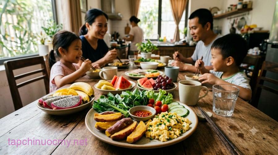 Bổ sung rau xanh hoặc trái cây giúp bữa sáng với khoai lang và đa dạng, cân bằng hơn.