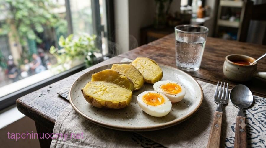 Khoai lang và trứng có thể kết hợp thành phần bữa ăn sáng đơn giản, cung cấp cả carbohydrate, chất xơ và protein.