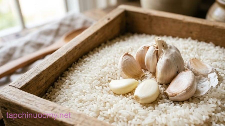 Đặt tỏi trong thùng gạo có tác dụng ngăn chặn mọt gạo phát triển.
