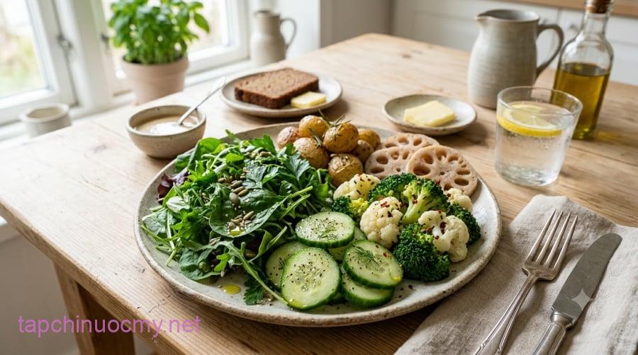 Ưu tiên rau ít tinh bột và cân đối lượng củ, cơm hoặc các nguồn carbohydrate trong cùng một bữa ăn giúp kiểm soát khẩu phần tốt hơn.