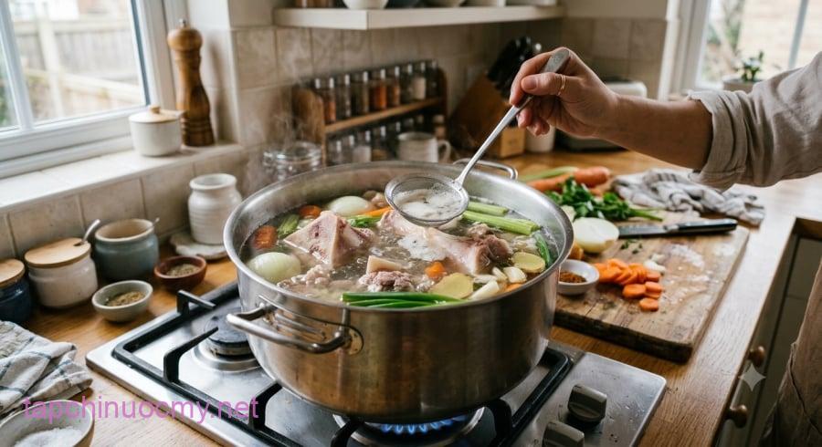 Chần và rửa sạch xương trước khi ninh là bước quan trọng giúp hạn chế tạo bọt và làm đục nước dùng.