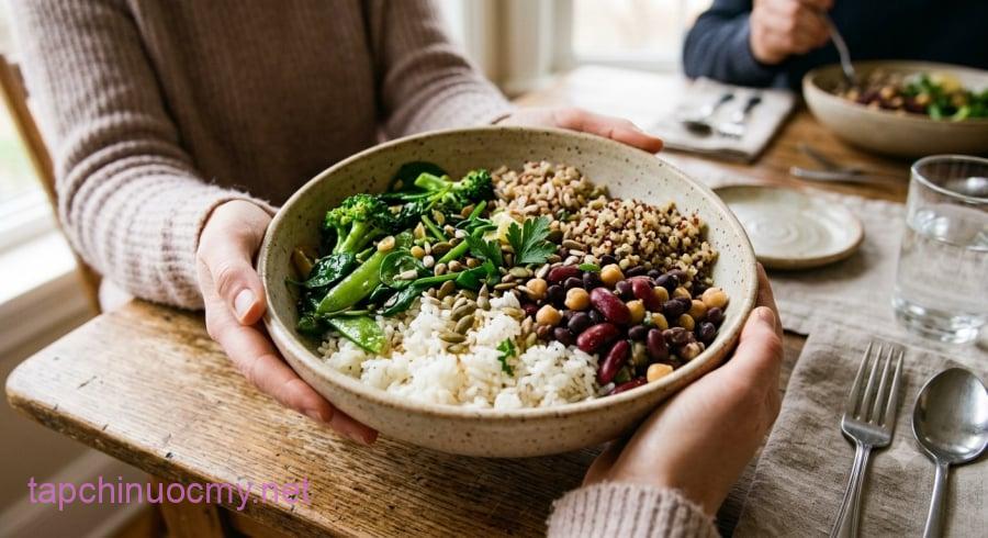 Người thích ăn nhiều cơm có thể điều chỉnh khẩu phần và mời gọi thay một phần Trắng bằng bột nguyên hạt ngũ cốc hoặc các loại đậu.