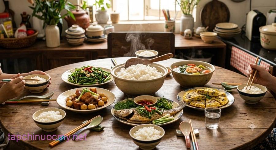 Một bữa cơm cân đối không nên chỉ tập trung vào cơm mà cần kết hợp đa dạng rau củ và thực phẩm giàu lộc.