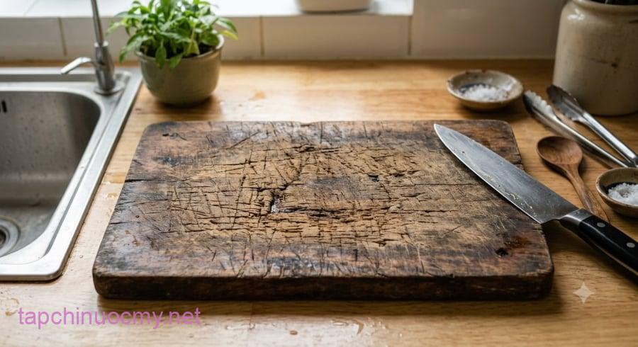 Thớt có nhiều vết nứt, rãnh sâu hoặc khó vệ sinh nên được thay mới để hạn chế nguy cơ tích tụ vi sinh vật.