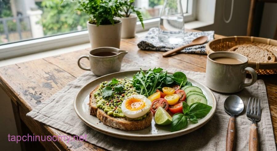 Bánh mì nguyên cám kết hợp trứng, bơ và rau củ giúp bữa sáng đa dạng hơn về chất xơ, protein và chất béo không bão hòa.