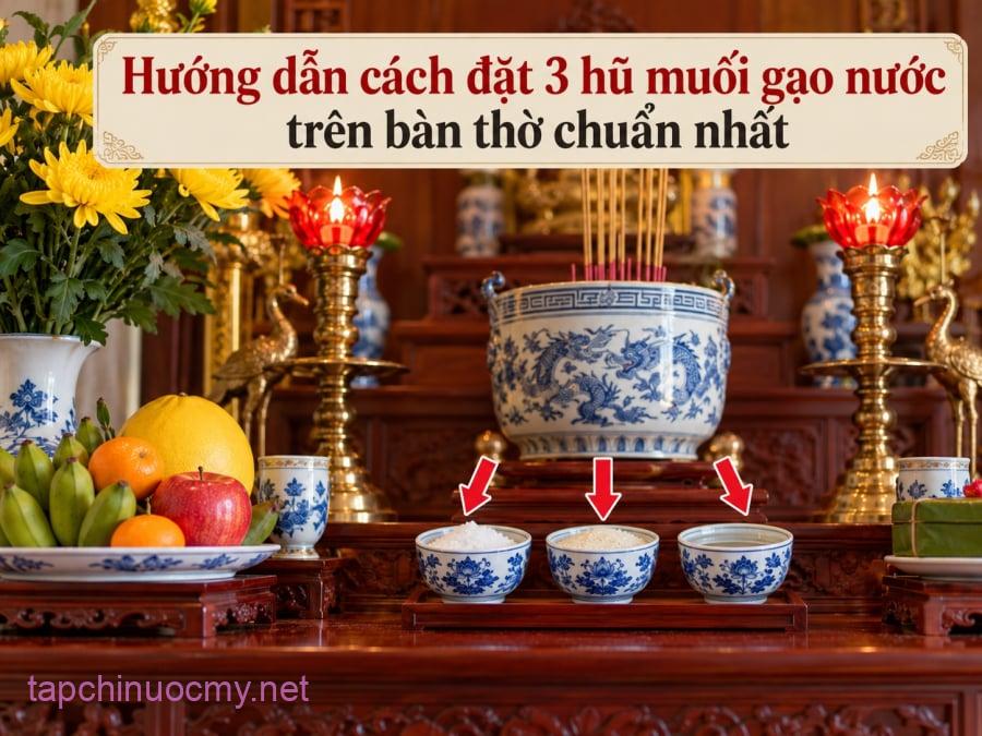 Theo quan niệm truyền thống, ba hũ muối – nước nên được đặt ngay ngắn, cân đối, ở phía trước hoặc hai bên bát hương tùy kích thước bàn thờ; quan trọng nhất là không che khuất bát hương và giữ khu vực thờ cúng sạch sẽ, trang béo.