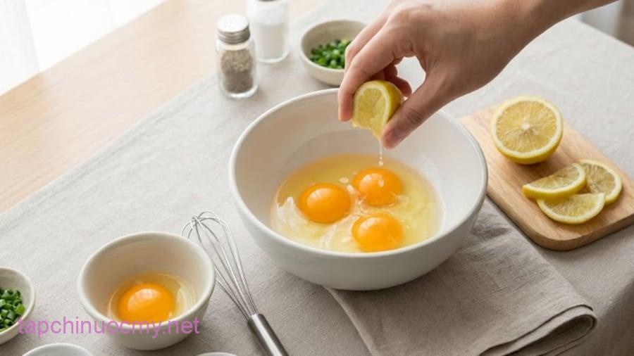 Việc vắt chanh vào trứng, đánh đều rồi mới rán sẽ giúp thành phẩm xốp mềm hơn.