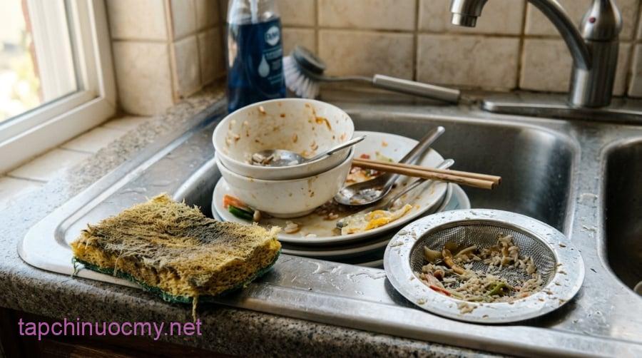 Không nên để bát đĩa bẩn ngâm quá lâu hoặc bỏ quên cặn thức ăn trong bồn rửa, vì có thể làm tăng nguy cơ nhiễm bẩn chéo.
