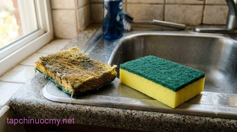 Miếng rửa bát sử dụng lâu ngày, thường xuyên ẩm ướt cần được làm sạch, để khô và thay mới khi có dấu hiệu xuống cấp.